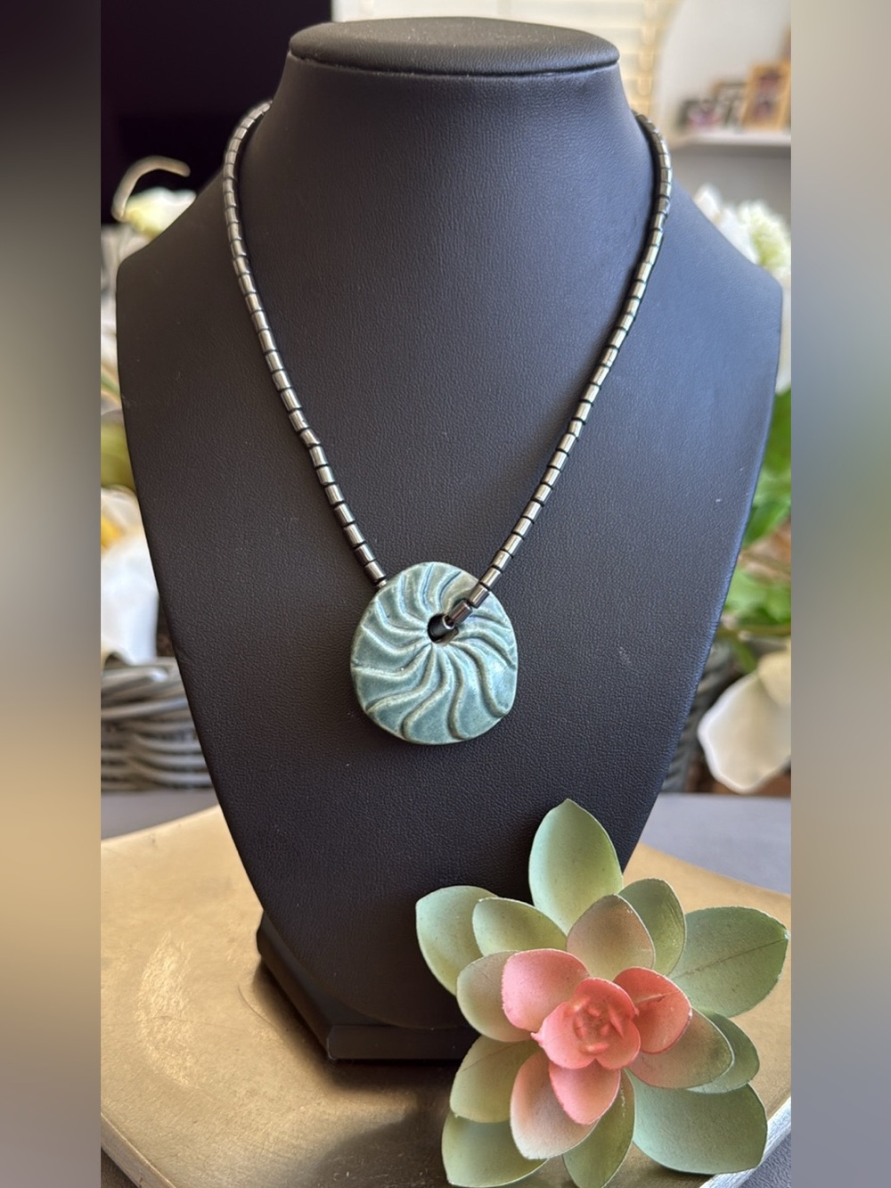 Handcrafted Ceramic Seafoam Green Swirl Pendant Hematite Necklace Eclectic